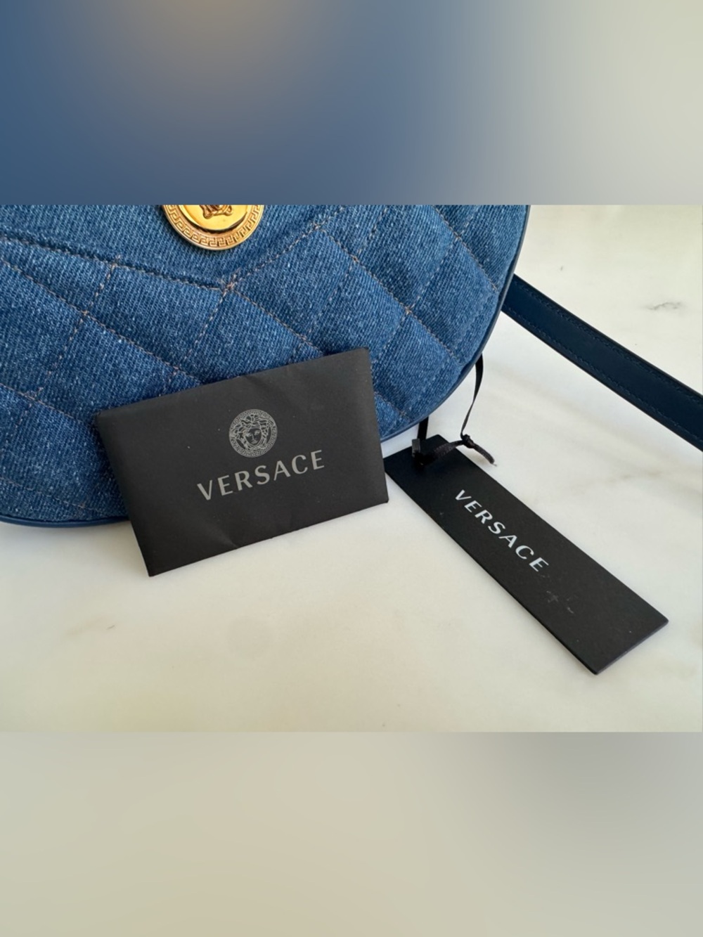 VERSACE NWT Denim Medusa Quilted 2-Way Shoulder Crossbody Bag Blue Gold - Picture 13 of 13